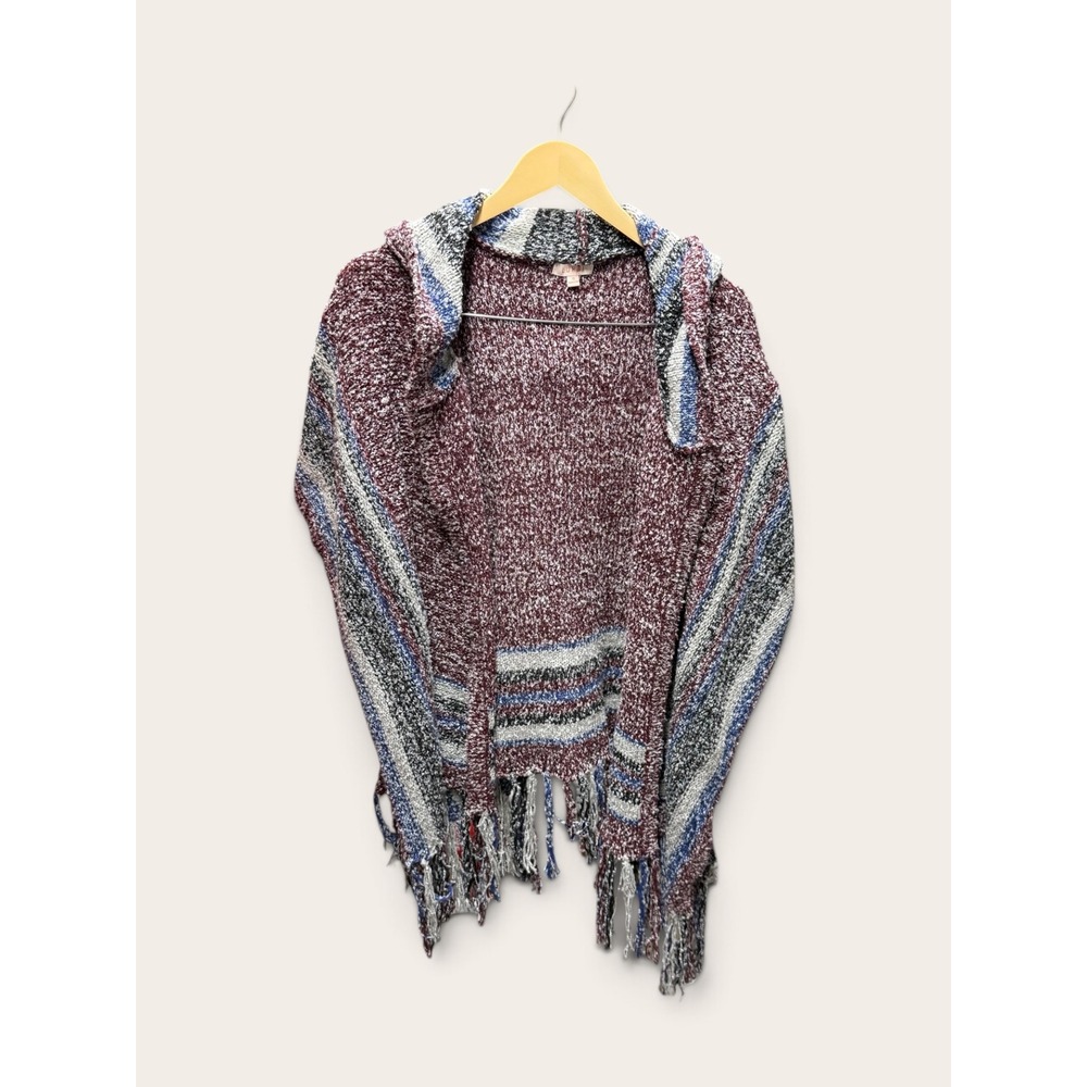 Luxmi Womens Hooded Poncho Sweater Burgundy Striped Fringed Open Front Wrap S